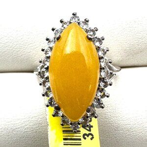 Yellow Jade White Spinel Gemstone Statement Ring Sterling Silver Size 6